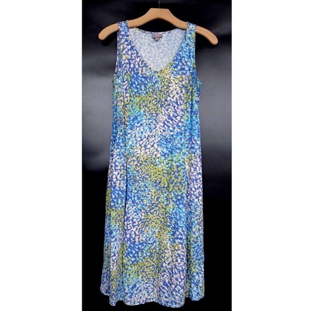 J JILL 100% Rayon Ruched Front Sleevless A-line Midi Dress Blue Mosaic Beachy 6
